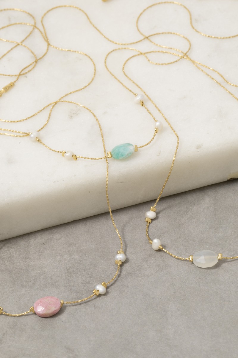 Oval Stone Pearl Station Bead Necklace
