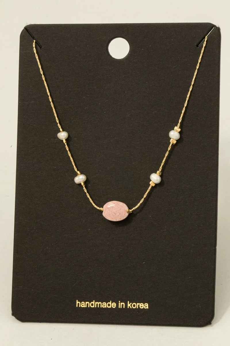 Oval Stone Pearl Station Bead Necklace