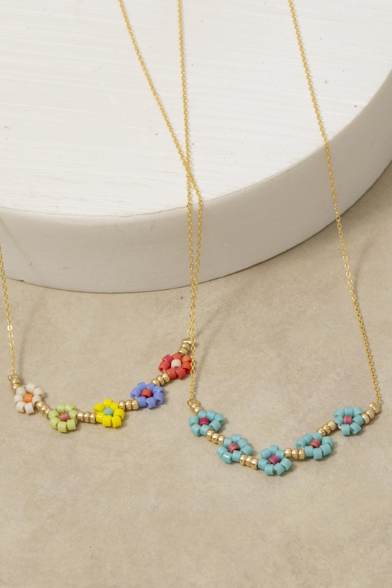 Dainty Seed Beaded Flower Charms Necklace