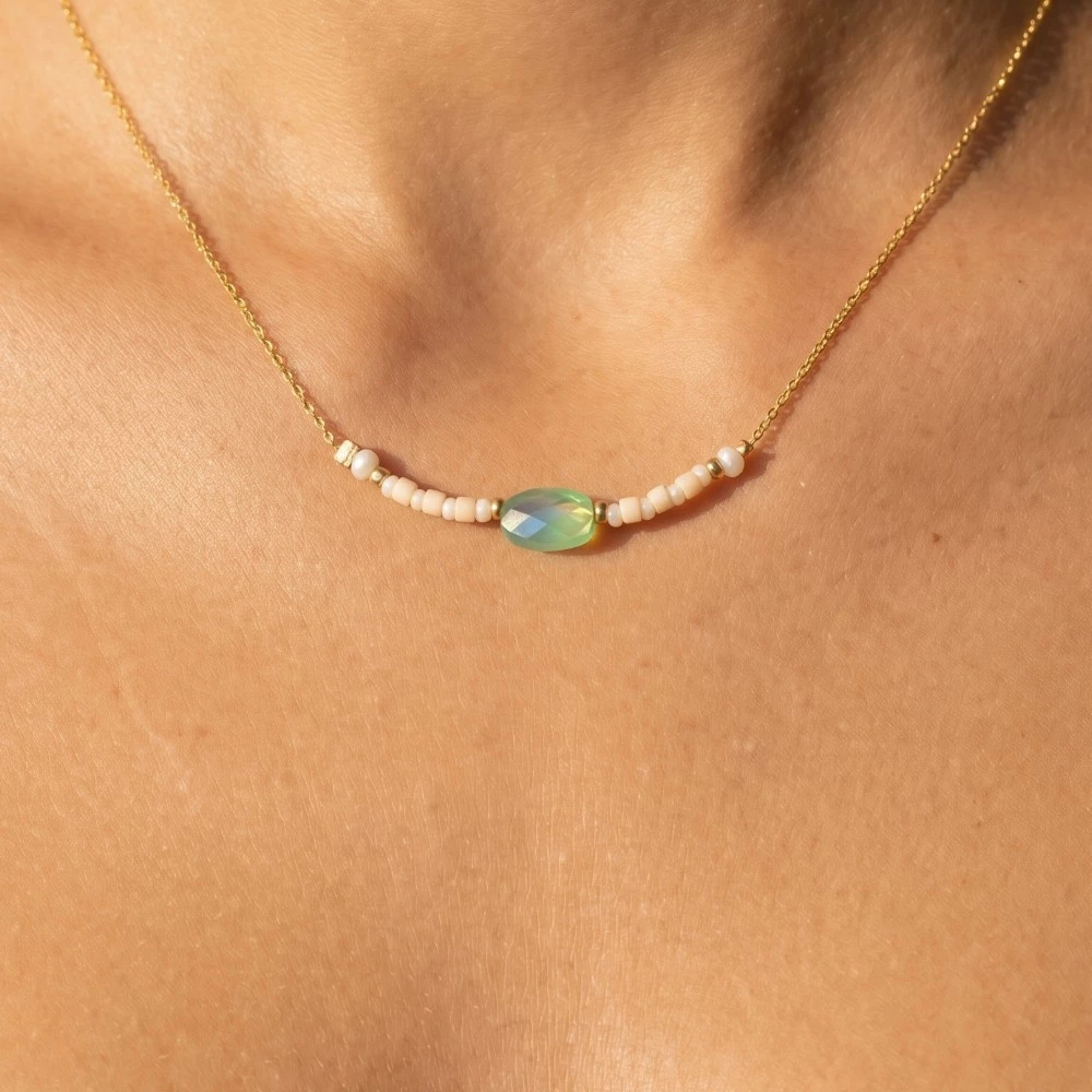 Oval Glass Bead Seed Beaded Charm Necklace