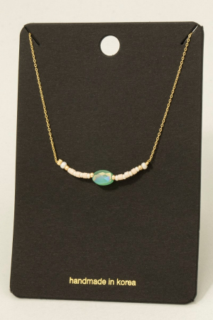 Oval Glass Bead Seed Beaded Charm Necklace