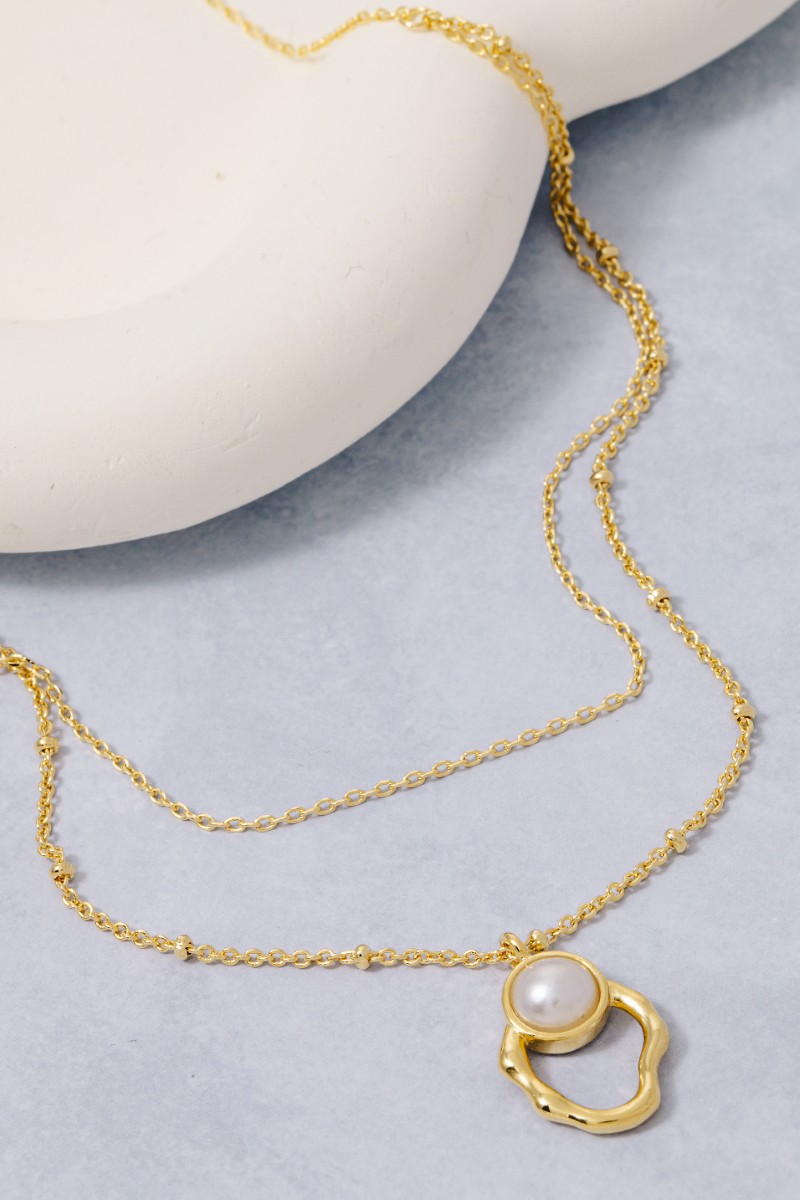 Chain Layered Pearl Stud Oval Pendant Necklace