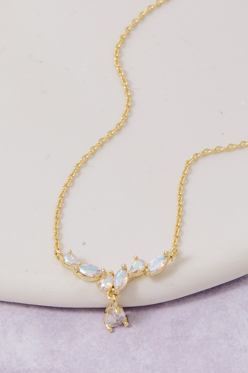 Cz Leaf Teardrop Charm Necklace