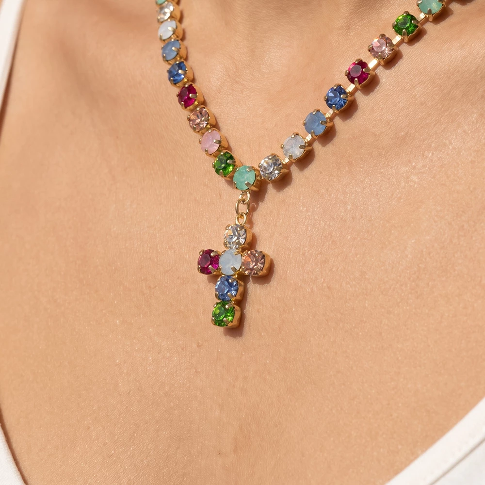 Rhinestone Cup Chain Necklace With Cross Pendant
