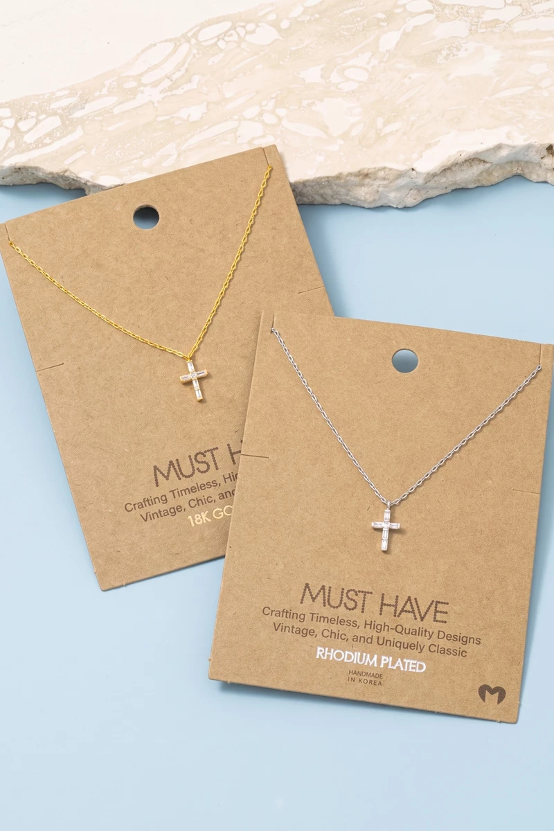 18K Gold Dipped Baguette Cz Cross Necklace