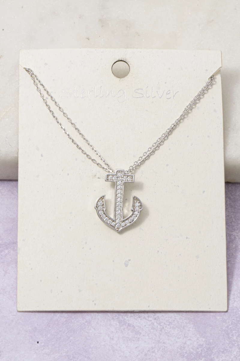 Sterling Silver Pave Cz Anchor Pendant Necklace