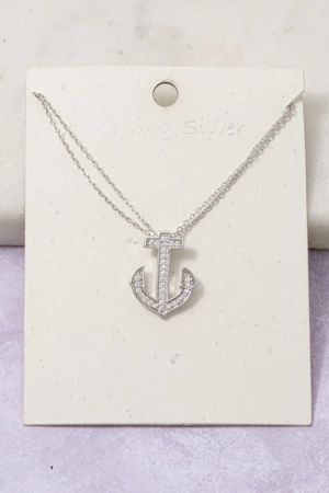 Sterling Silver Pave Cz Anchor Pendant Necklace