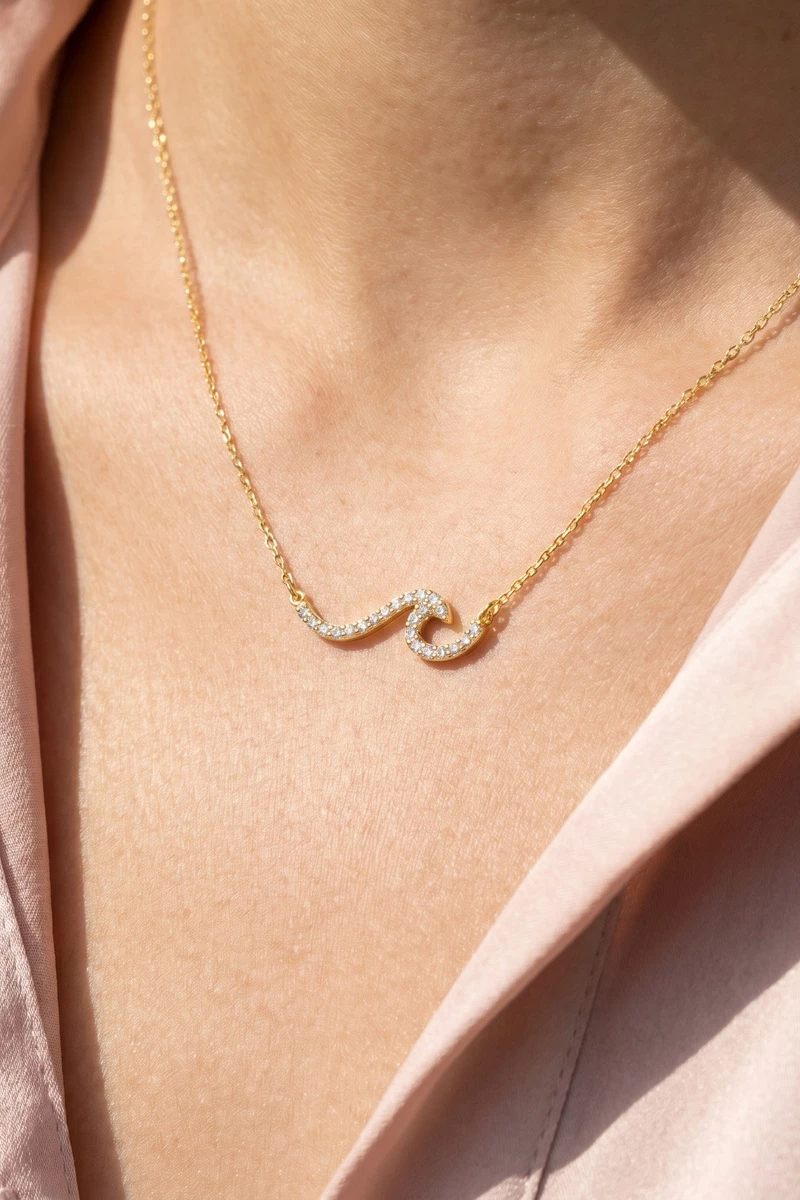18K Gold Dipped Cz Wave Necklace
