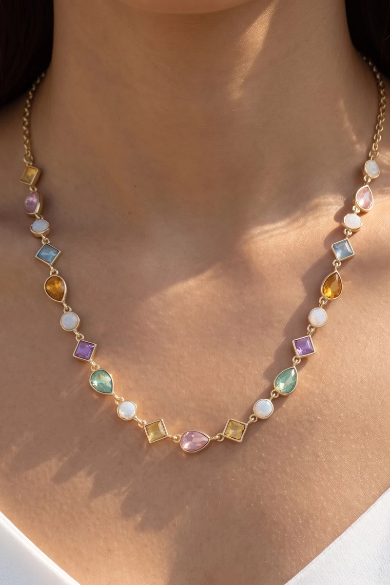 Bezel Set Stone Station Chain Necklace