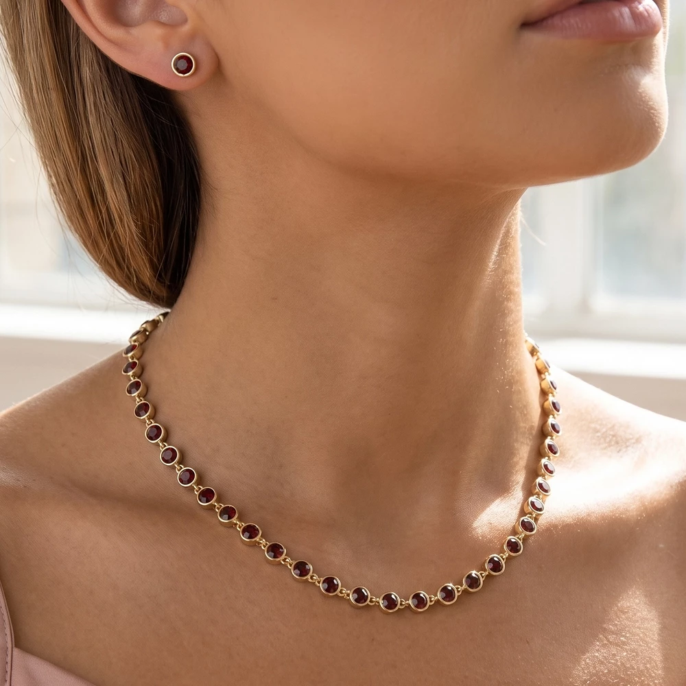 Round Bezel Glass Crystal Station Chain Necklace Set