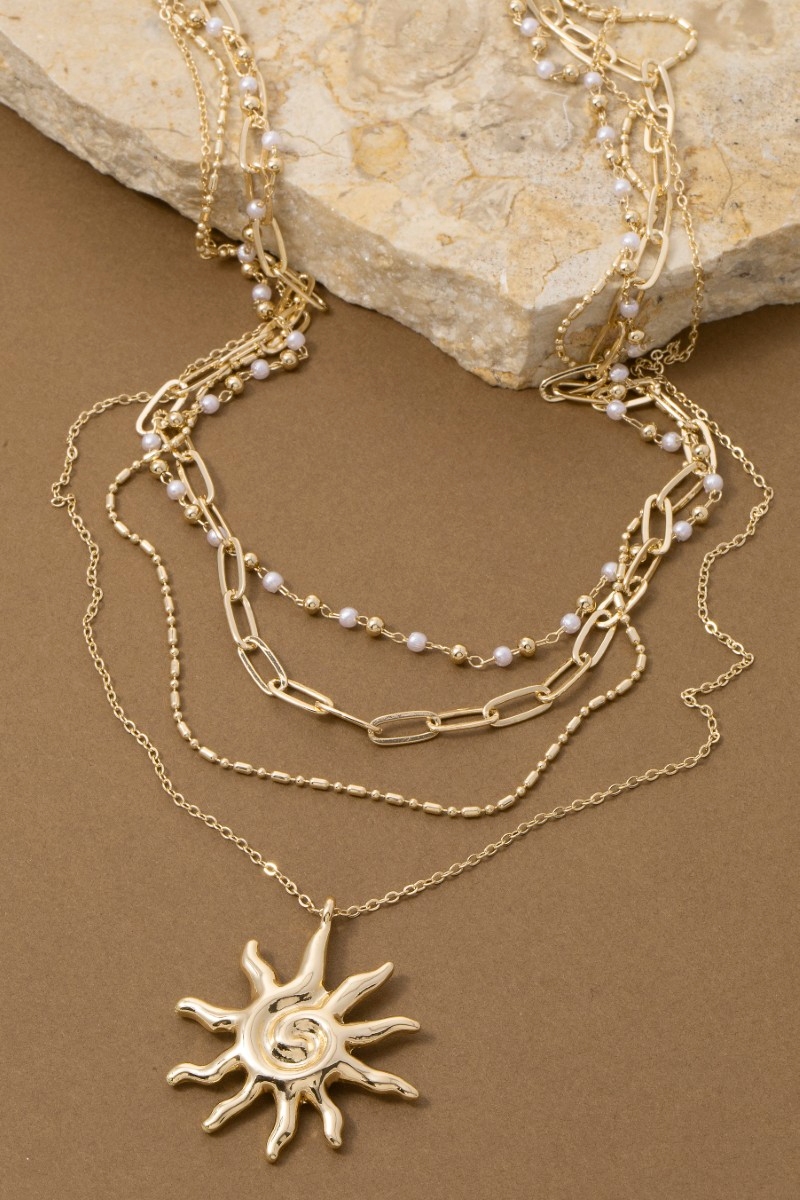 Spiral Sun Pendant Mixed Layered Chains Necklace