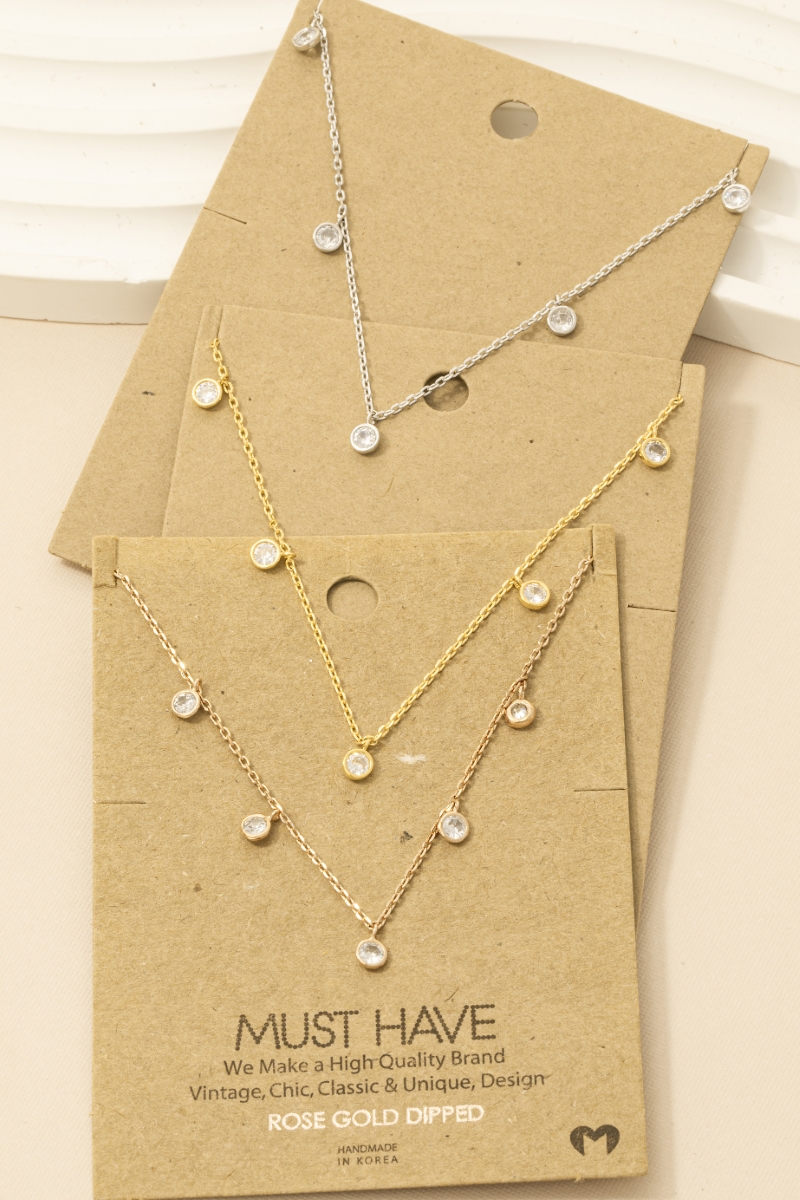Gold Dipped Rhinestone Drop Station Necklace