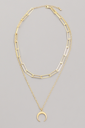 Layered Chain Link Crescent Moon Charm Necklace