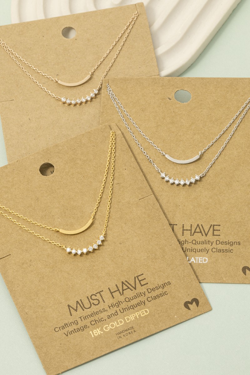 Gold Dipped Layered Rhinestone Curved Bar Necklace