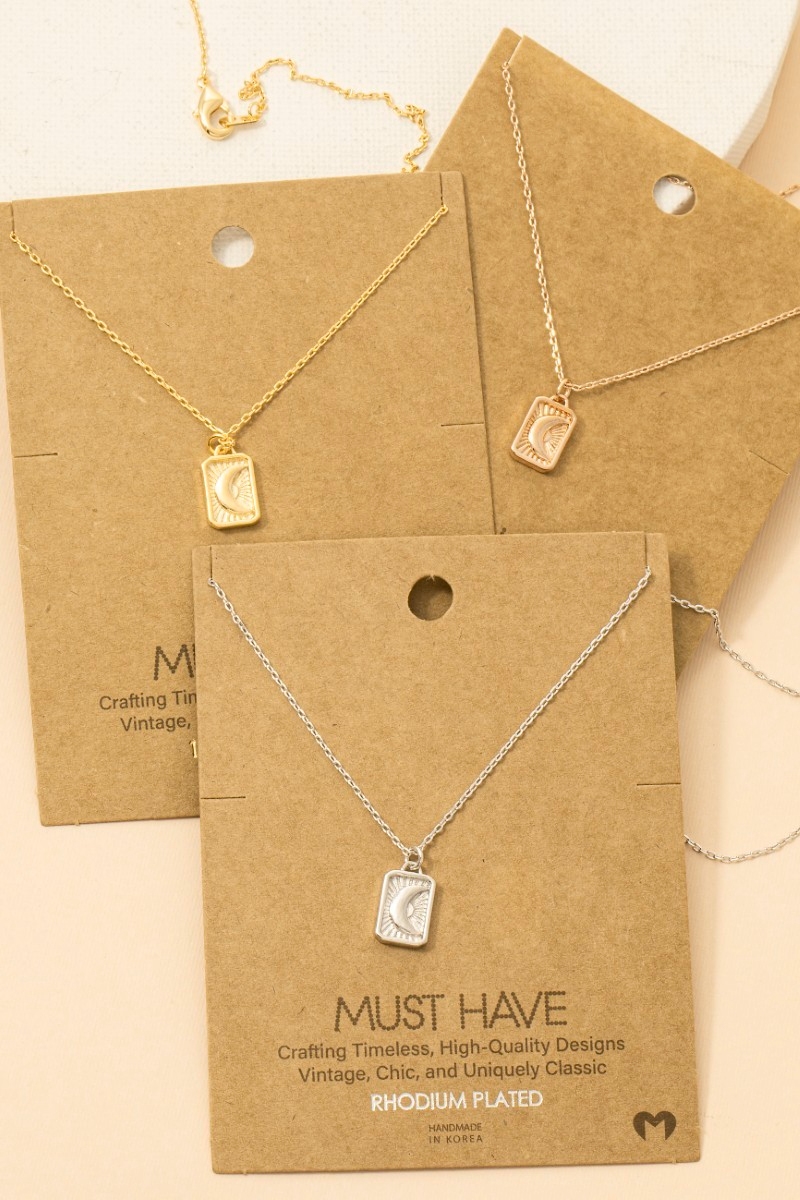 Crescent Moon Rectangle Pendant Necklace