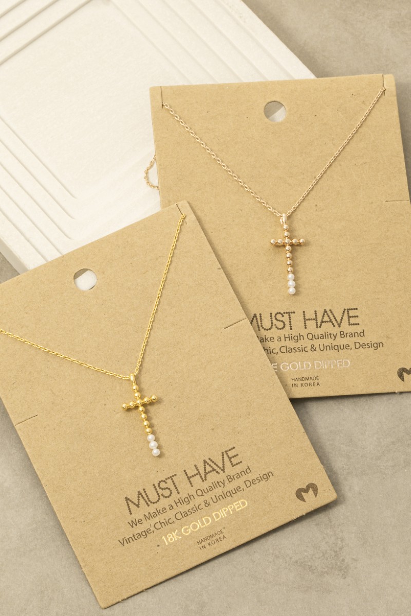 Gold Dipped Beaded Cross Pendant Necklace