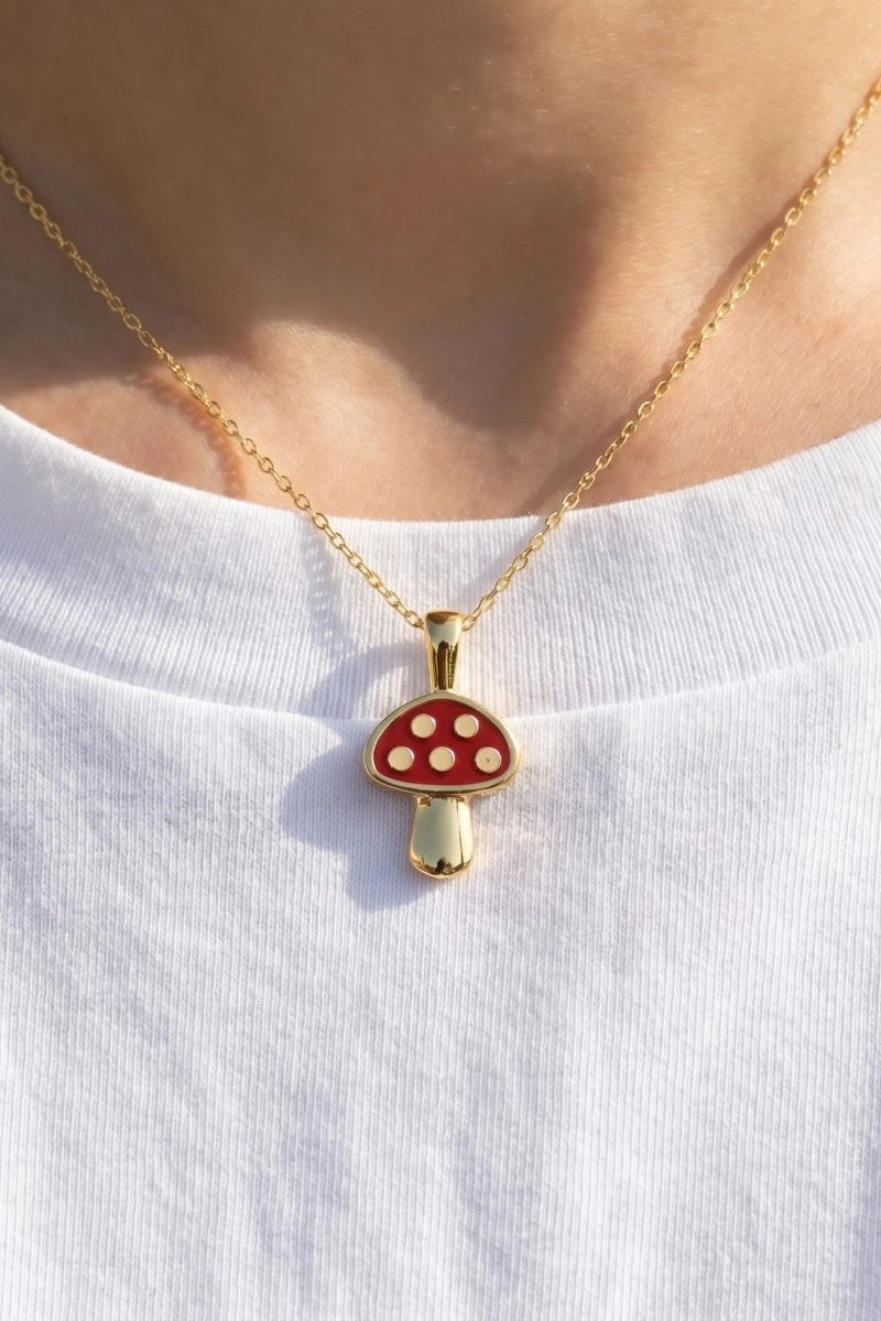 Gold Dipped Red Mushroom Pendant Dainty Necklace