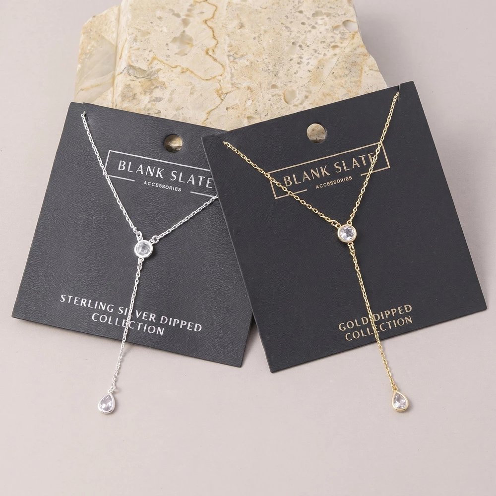 Gold Dipped Bezel Cz Y Lariat Necklace With Teardrop