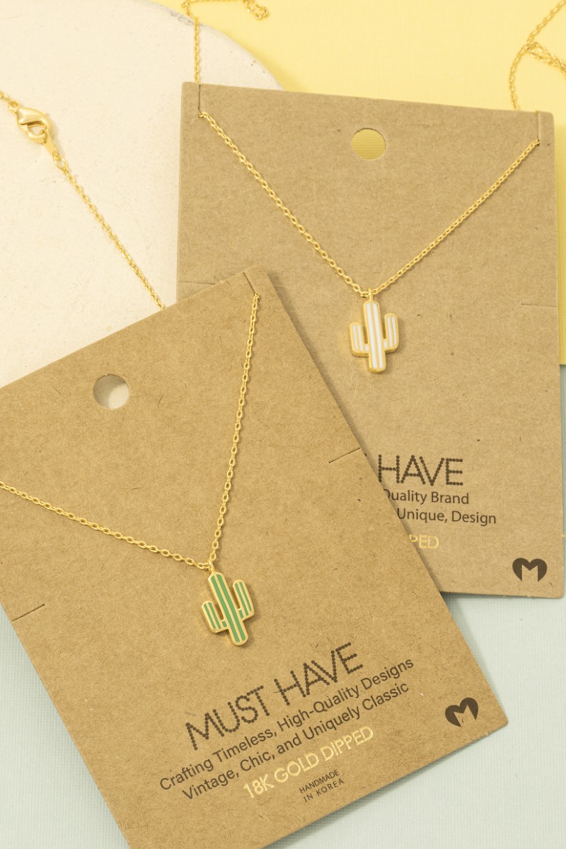 Gold Dipped Enamel Cactus Pendant Necklace