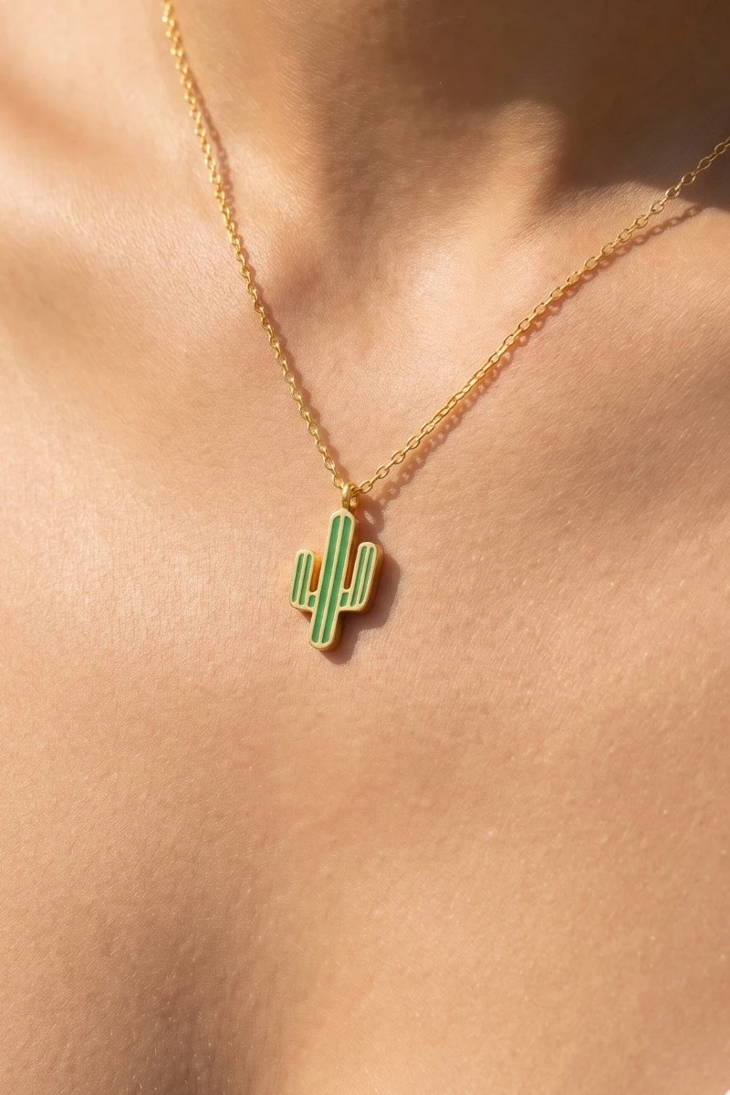 Gold Dipped Enamel Cactus Pendant Necklace