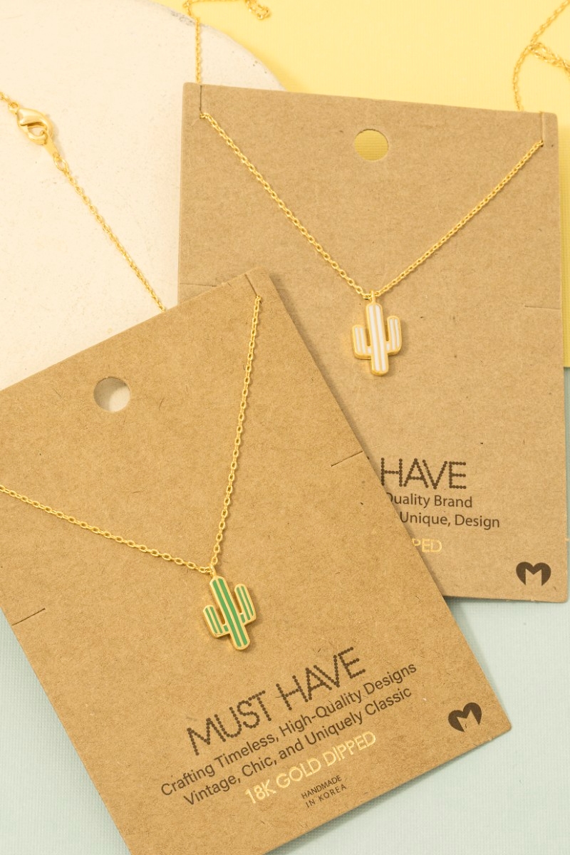 Gold Dipped Enamel Cactus Pendant Necklace