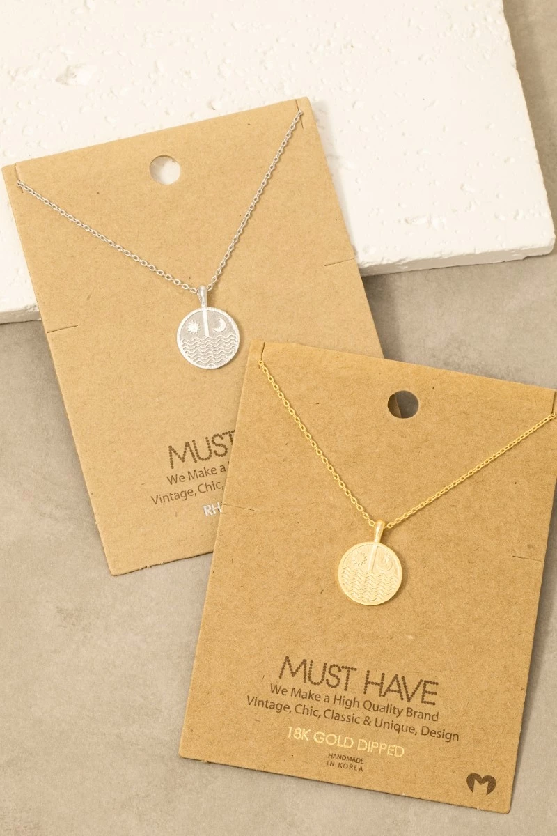 Gold Dipped Sun Moon Round Coin Pendant Necklace