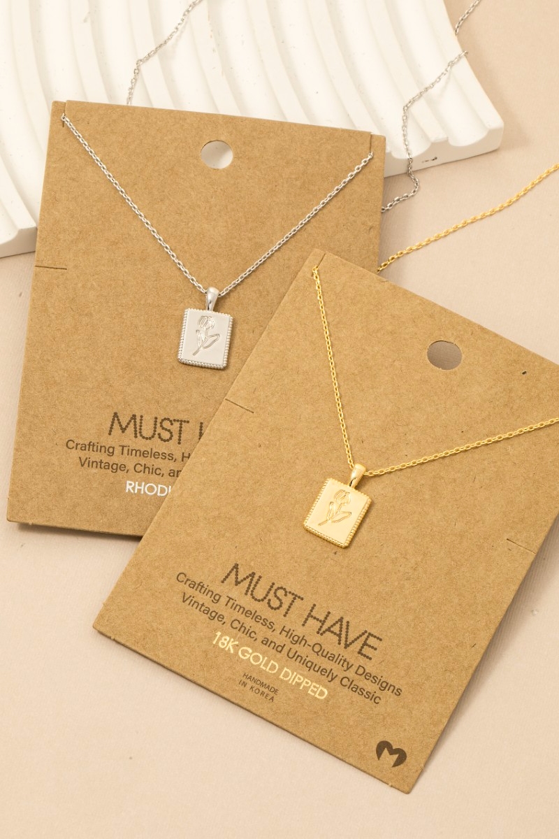 Gold Dipped Flower Print Square Pendant Necklace