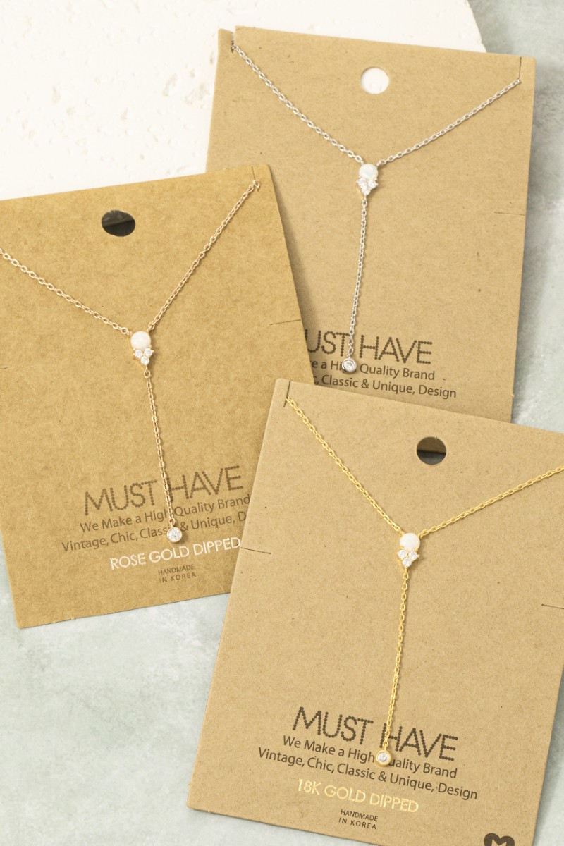 Gold Dipped Pearl Cz Charm Y Necklace