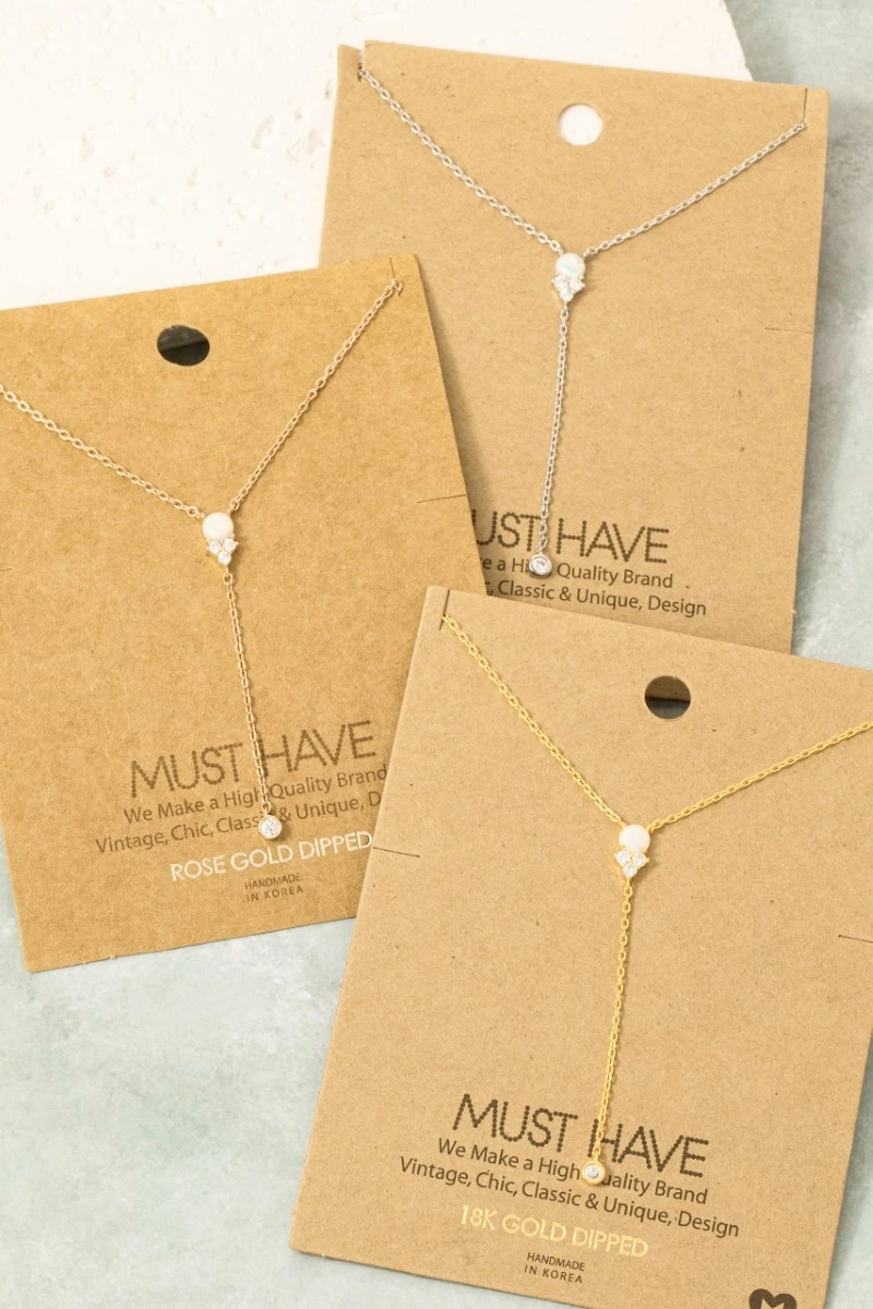 Gold Dipped Pearl Cz Charm Y Necklace