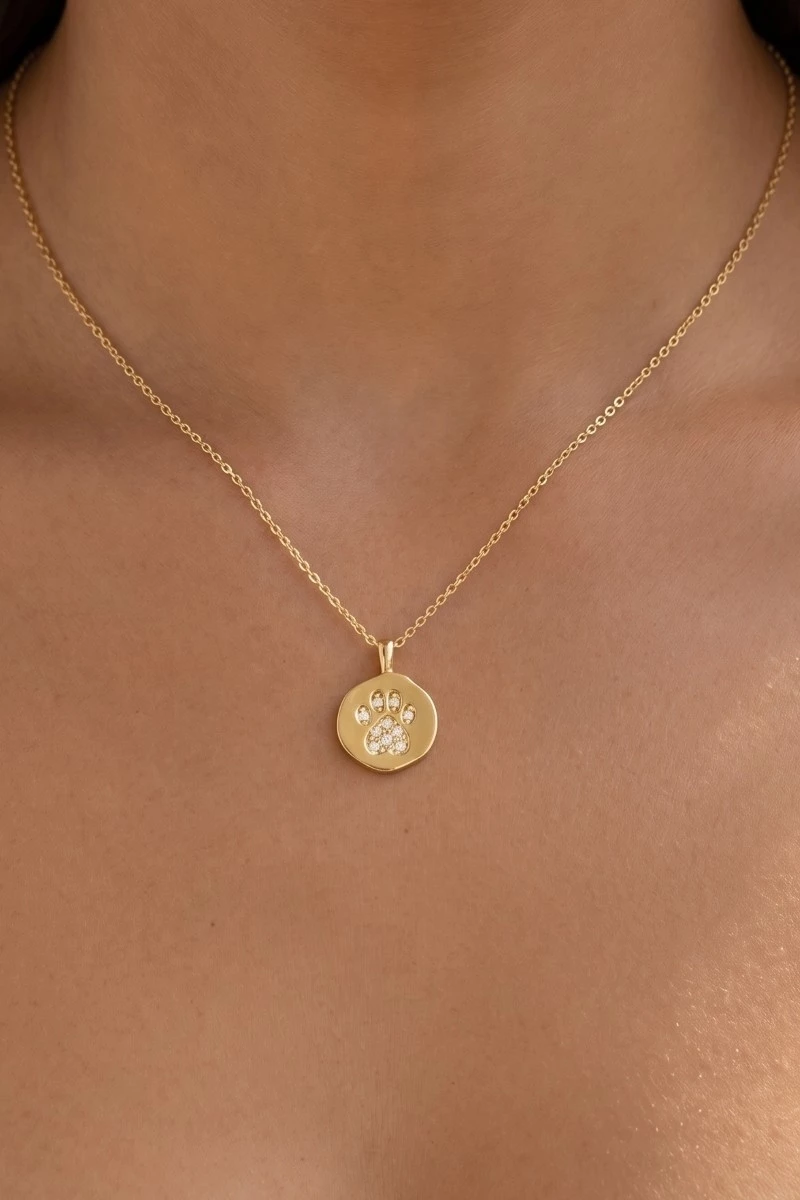 Gold Dipped Pave Dog Paw Pendant Necklace