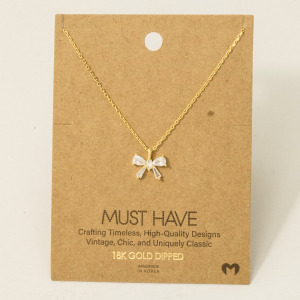 Gold Dipped Rhinestone Ribbon Bow Pendant Necklace