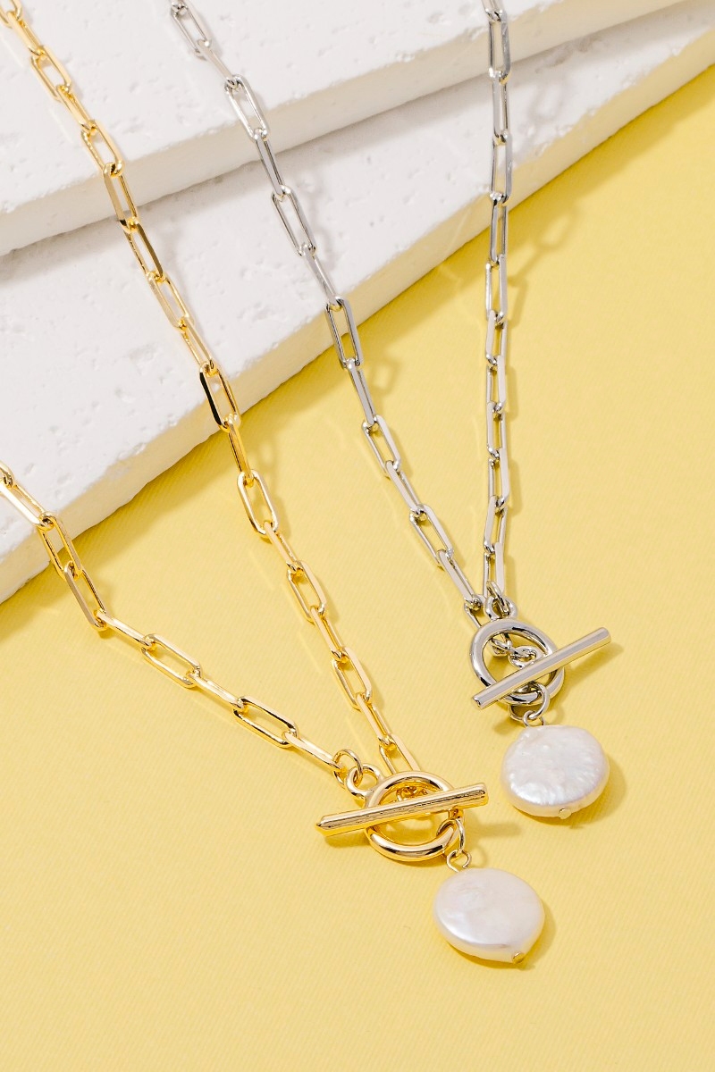 Toggle Chain Link Disc Pearl Charm Necklace