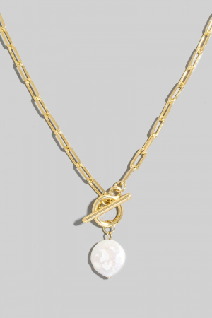 Toggle Chain Link Disc Pearl Charm Necklace