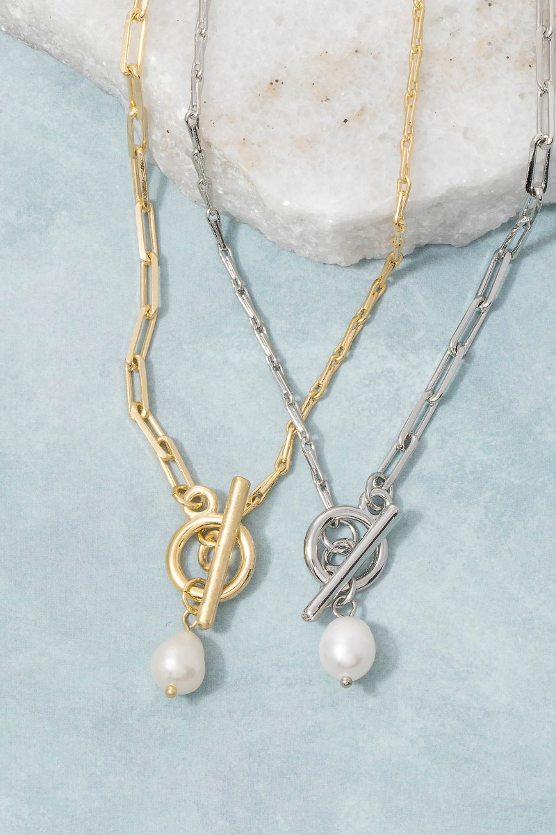 Toggle Chain Pearl Charm Necklace