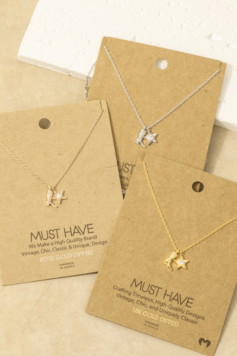 Gold Dipped Cowboy Boots Star Pendant Necklace