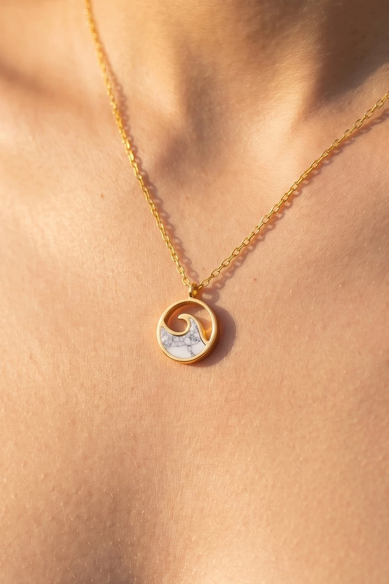 Gold Dipped Wave Enamel Circle Pendant Necklace
