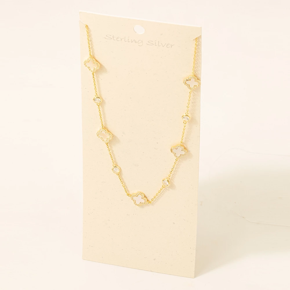 Sterling Silver Clover Station Necklace With Cz