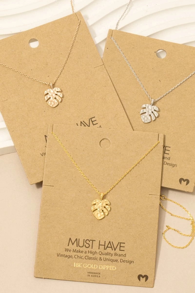 Gold Dipped Hammered Monstera Leaf Pendant Necklace