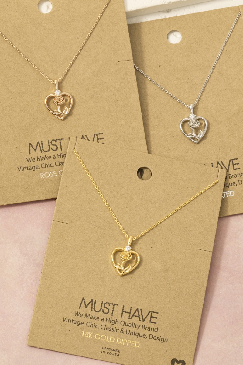 Heart Flower Rose Pendant Necklace