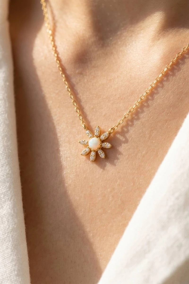 Gold Dipped Mini Opal Flower Pendant Necklace