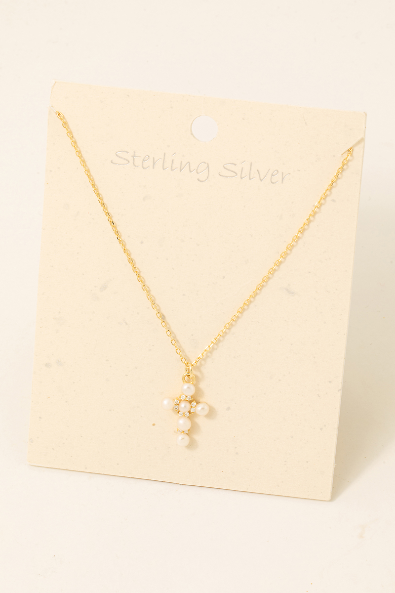 Sterling Silver Pearly Bead Cross Pendant Necklace