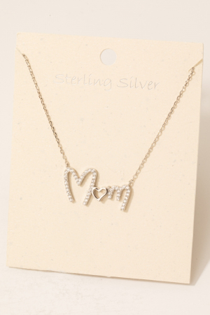 Sterling Silver Cz Pave Mom Pendant Necklace
