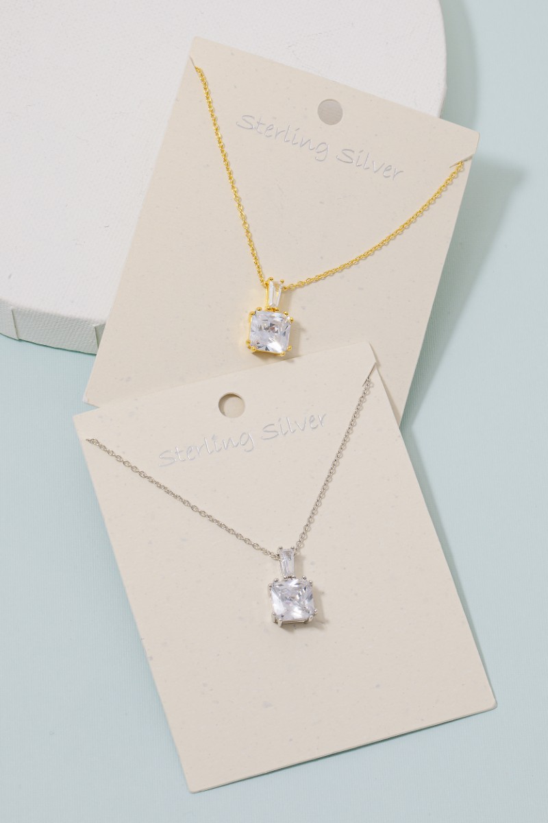 Sterling Silver Large Cz Square Pendant Necklace
