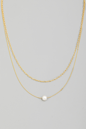 Single Pearl Charm Layered Chain Necklace