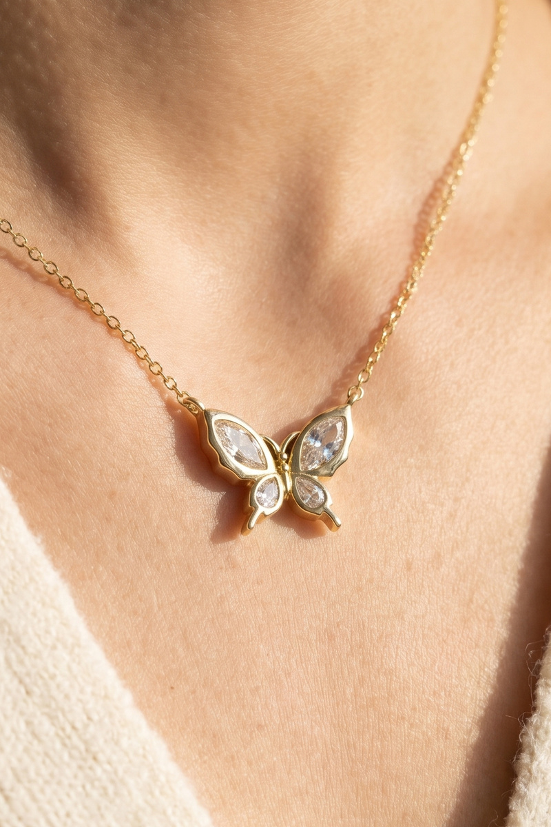 Sterling Silver Cz Butterfly Pendant Necklace