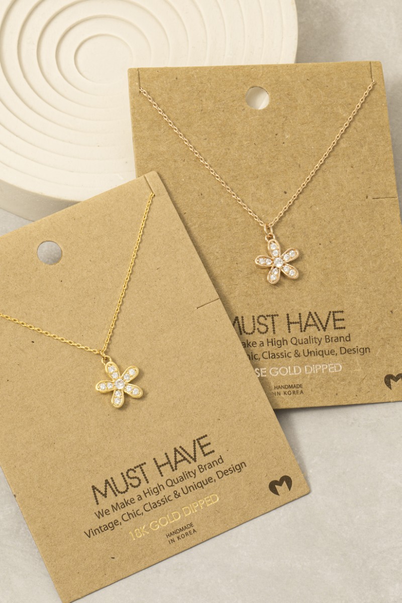 Gold Dipped Pave Flower Pendant Necklace