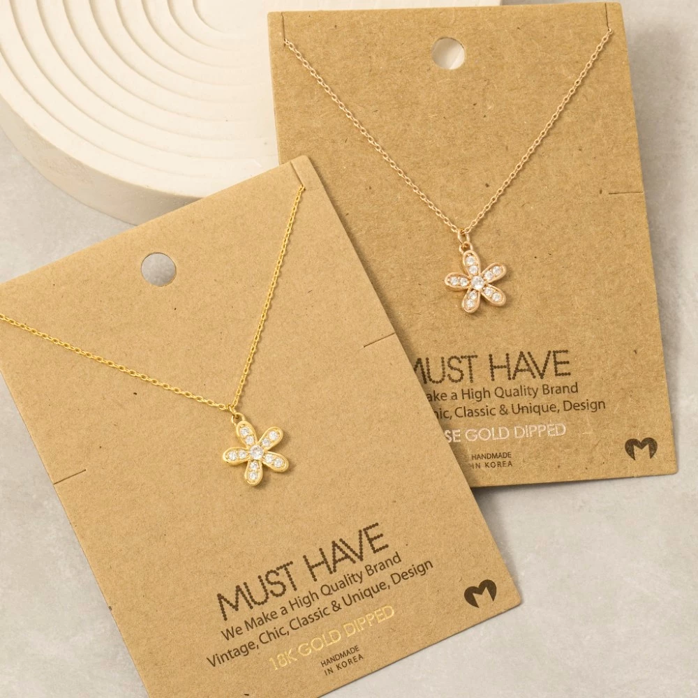 Gold Dipped Pave Flower Pendant Necklace