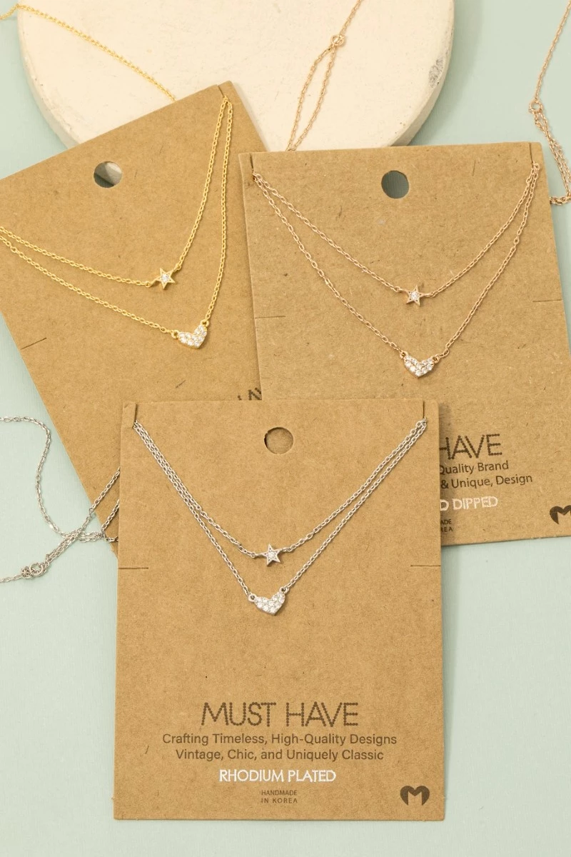 Gold Dipped Layered Chain Pave Heart Star Necklace