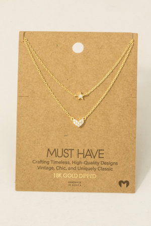 Gold Dipped Layered Chain Pave Heart Star Necklace