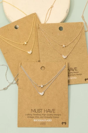 Gold Dipped Layered Chain Pave Heart Star Necklace